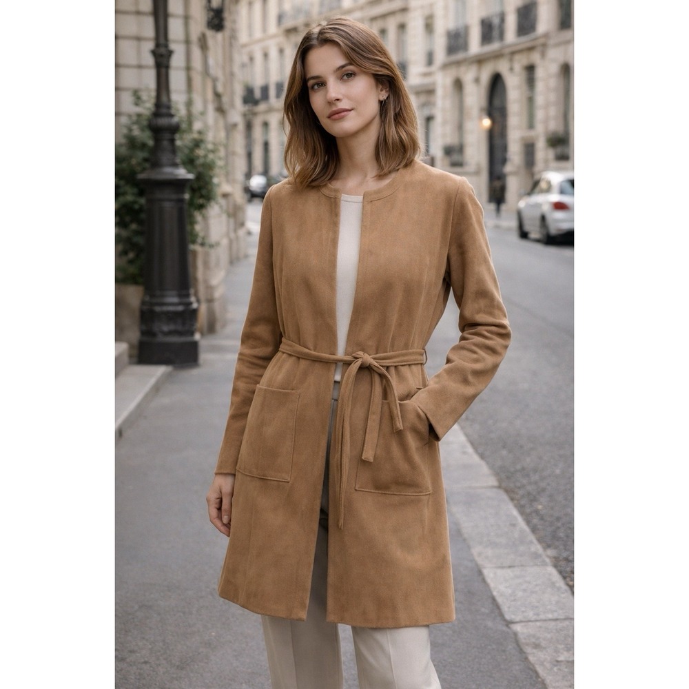 HM‎ Long Coat Womens 4 Camel Faux Suede Open Front Belted Minimalist